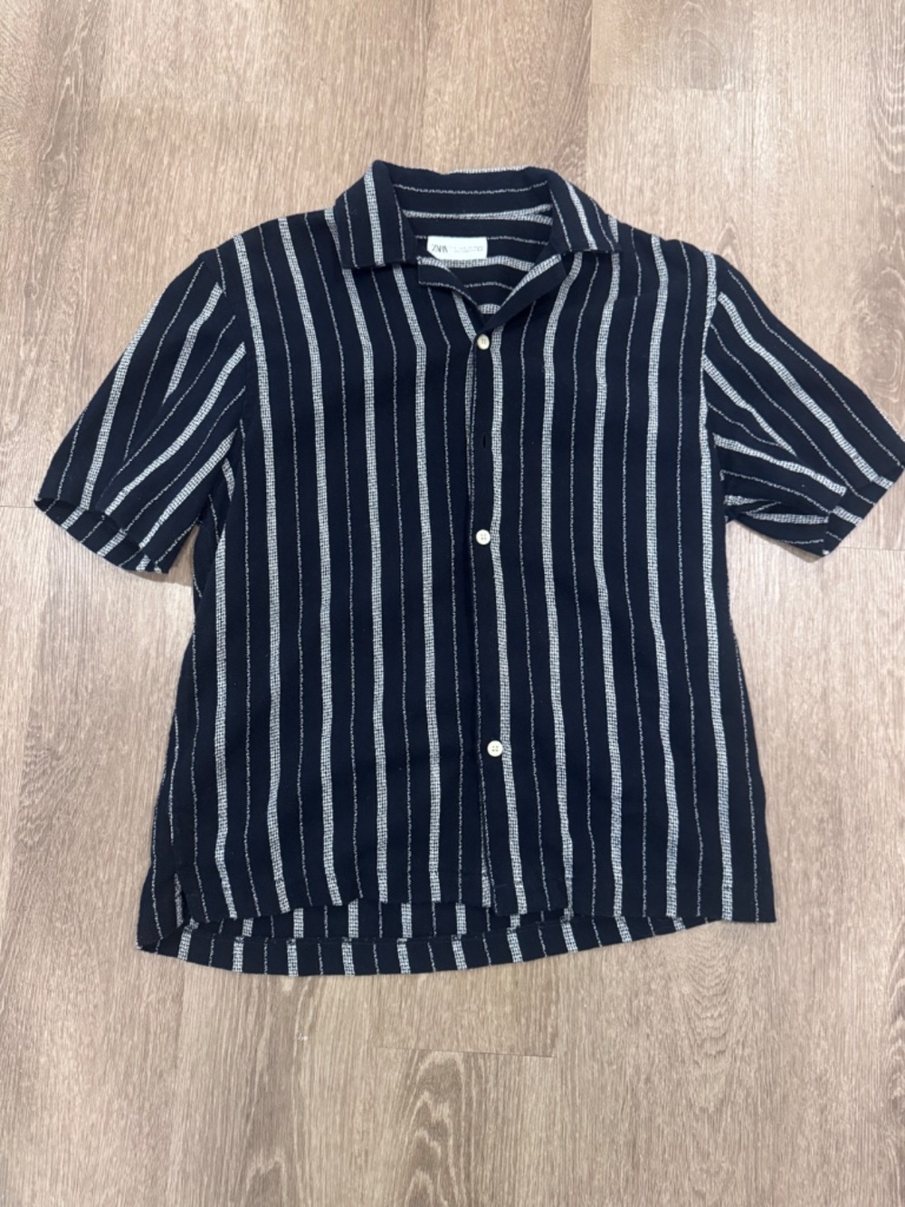 Zara Men’s Small Navy White Striped Textured Button-Up Shirt